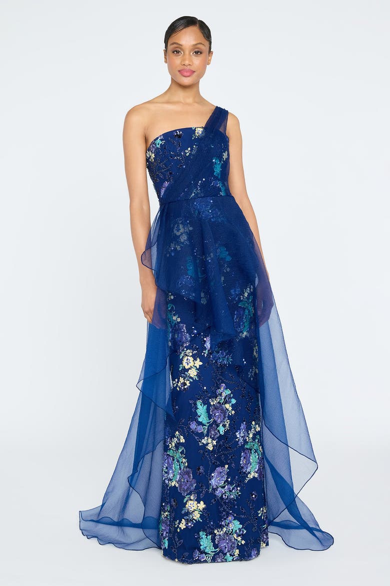 Noemi Column Gown with Overlay, Alternate, color, Blue