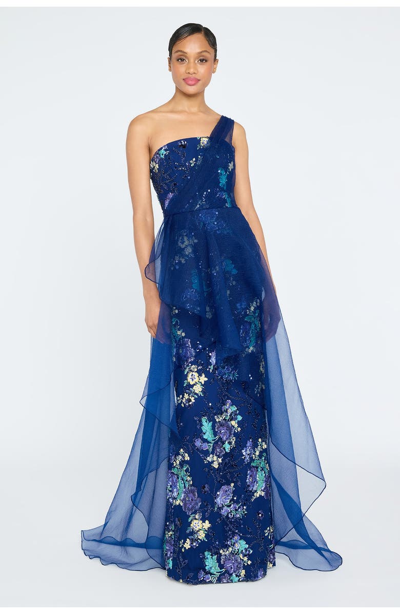 Theia Noemi Column Gown with Overlay, Alternate, color, Blue