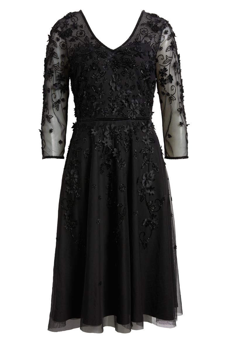 3D Floral Beaded Cocktail Dress, Alternate, color, BLACK