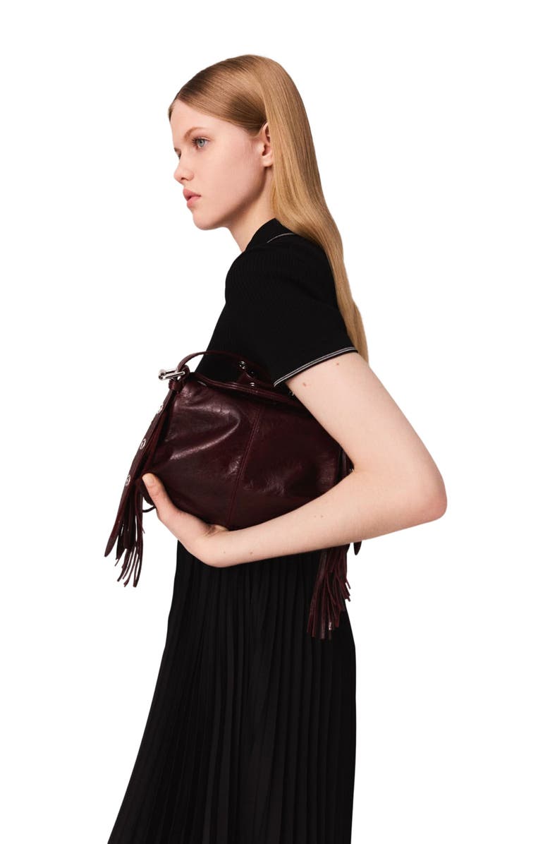 maje Pleated maxi dress with polo collar, Alternate, color, Black