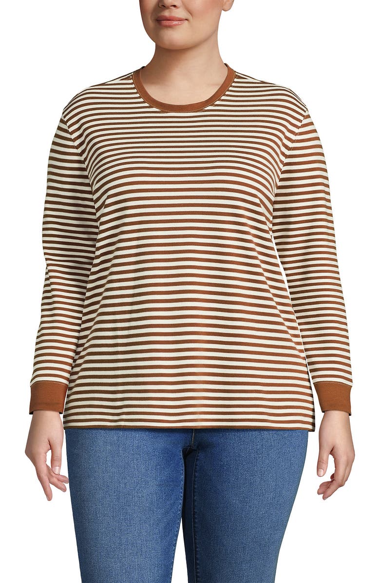 Lands' End Long Sleeve Cotton Interlock Crew T-Shirt, Main, color, Rich Ginger/Ivory Stripe