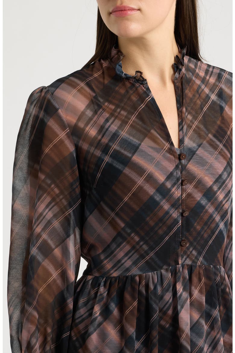 Long Sleeve Plaid Georgette Dress, Alternate, color, BROWN/ BLACK