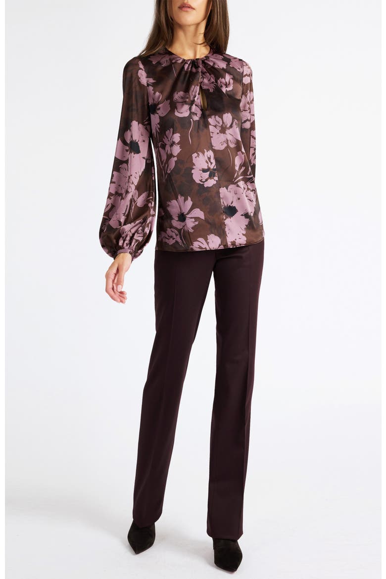 Elena Long Sleeve Twist Neck Blouse in Floral Twill Crepe, Alternate, color, RAISIN