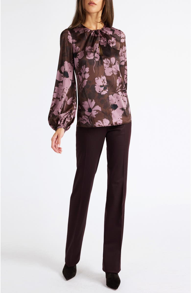 Santorelli Elena Long Sleeve Twist Neck Blouse in Floral Twill Crepe, Alternate, color, Raisin