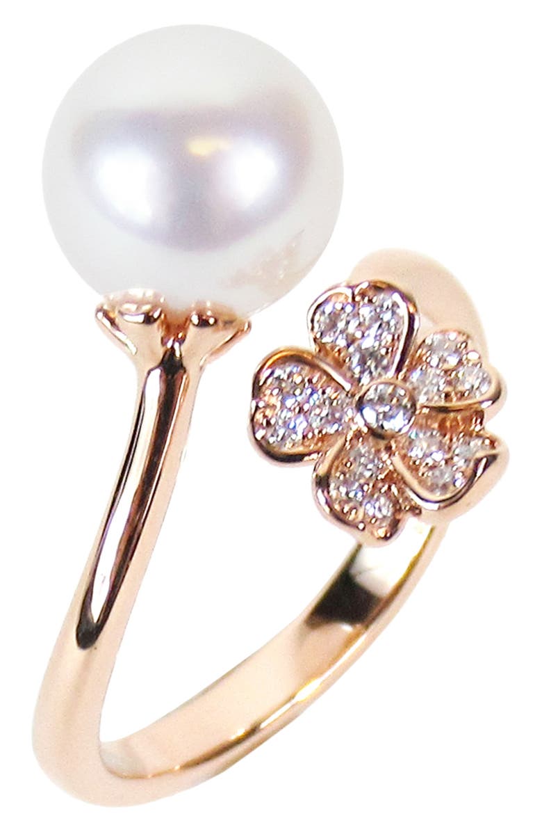 Mikimoto Akoya Cultured Pearl & Diamond Flower Open Ring, Main, color, 