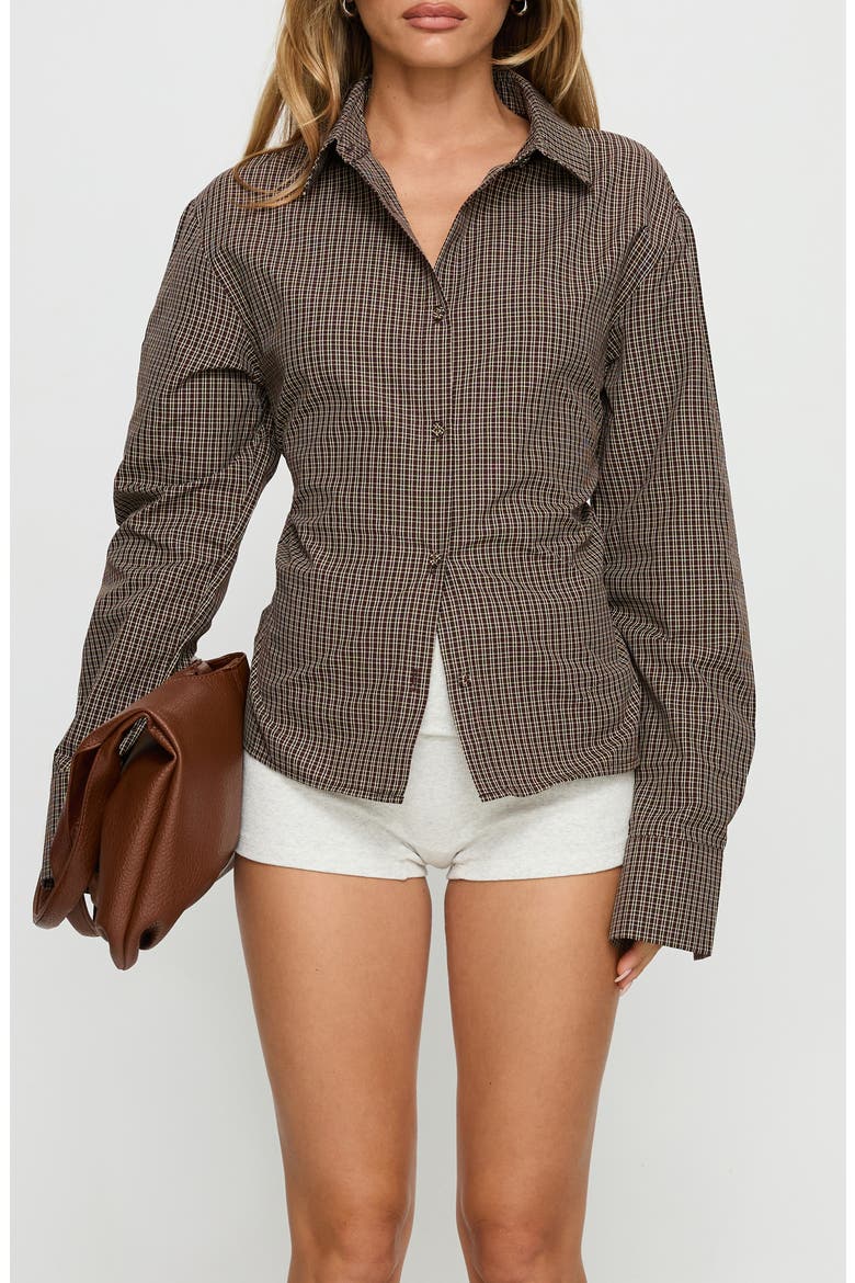 Xinia Check Button-Up Back Tie Blouse, Main, color, BROWN CHECK