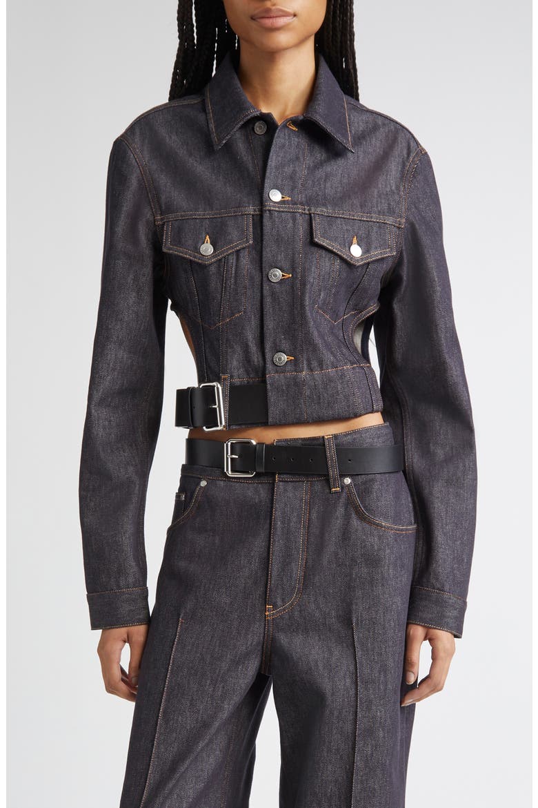 Belted Crop Raw Denim Jacket, Main, color, 4123 - RAW BLUE DENIM
