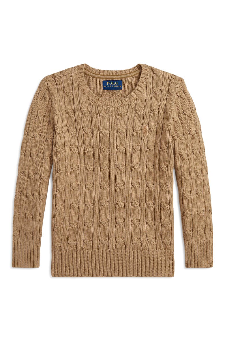 Kids' Cable Knit Combed Cotton Sweater, Main, color, CAMEL HEATHER