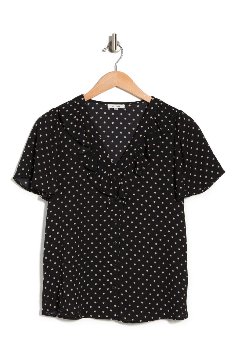 Ruffled V-neck Short Sleeve Blouse, Alternate, color, BLACK IVORY IRREGULAR DOT