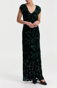 Ronen Chen Burnout Velvet Maxi Dress with V-Neck