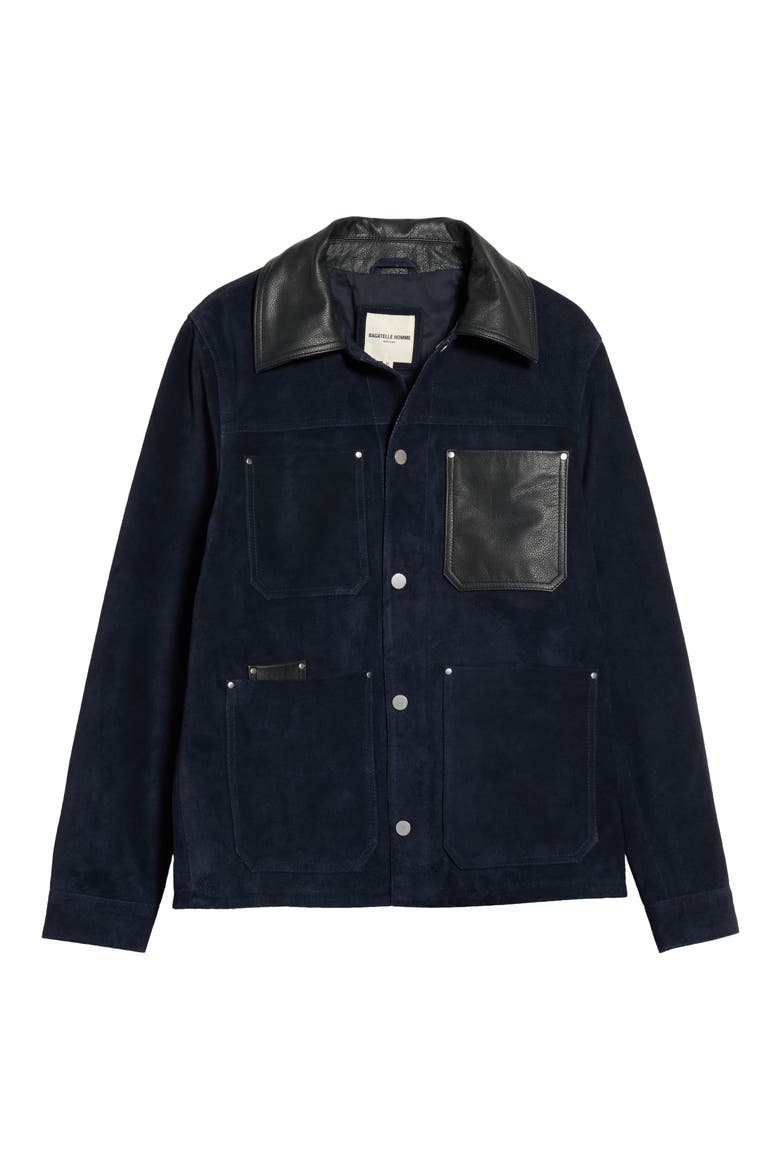 Leather Trucker Jacket, Main, color, NAVY