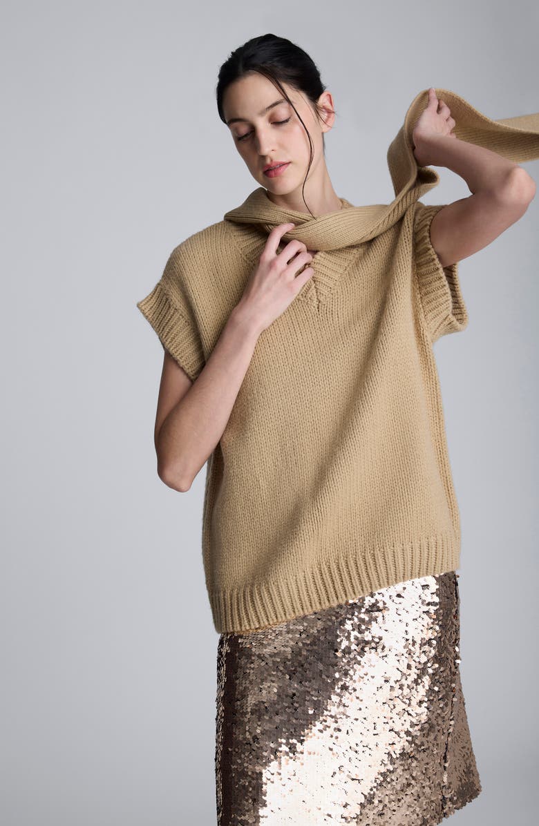 Kenneth Cole Cap Sleeve Sweater with Removable Scarf, Alternate, color, Gazelle Camel