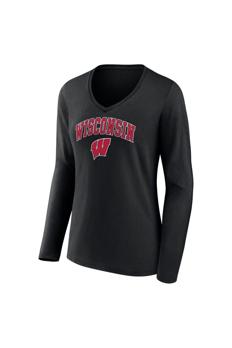Women's Fanatics Branded Black Wisconsin Badgers Evergreen Campus Long Sleeve V-Neck T-Shirt, Alternate, color, Black