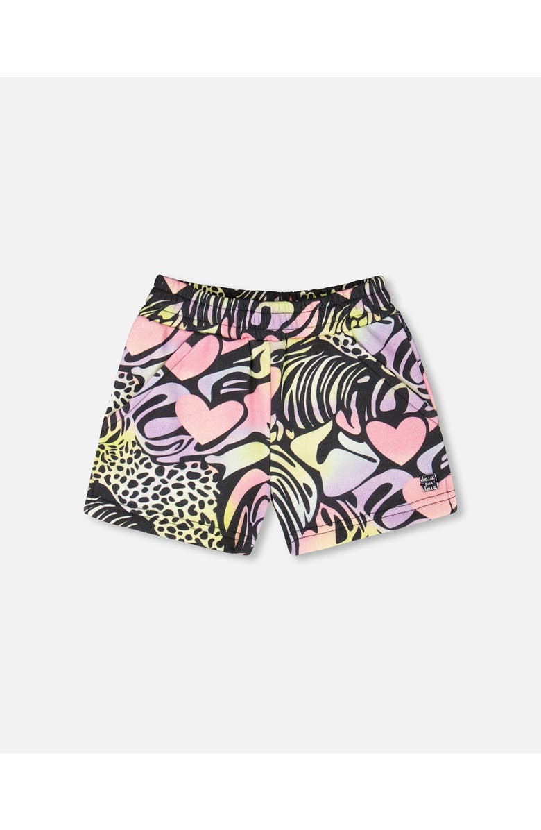 Deux par Deux French Terry Elastic Waist Shorts, Main, color, Black With Multicolored Print