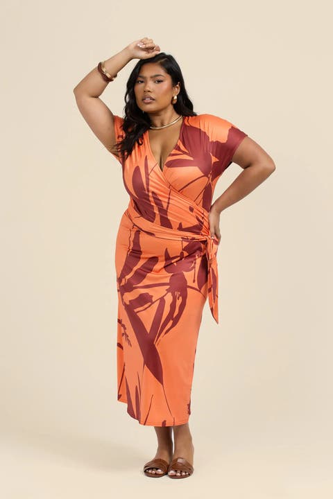 Plus Size Floral Wrap Jersey Midi Dress