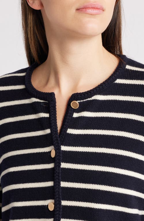 Frame Womens Vystriped-print Round-neck Wool And Cotton Cardigan In Navy Multi