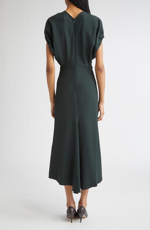 Victoria Beckham Green Midi Dress With Ruched Sleeves And V Neck In Black