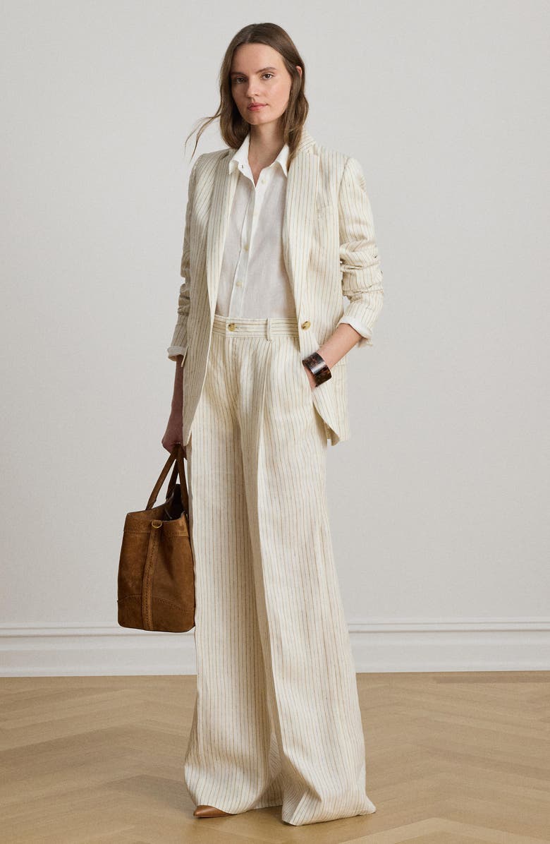 Lauren Ralph Lauren Stripe Linen Pants, Alternate, color, Ivory Multi