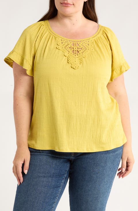 Embellished Yoke Flutter Sleeve Top (Plus)