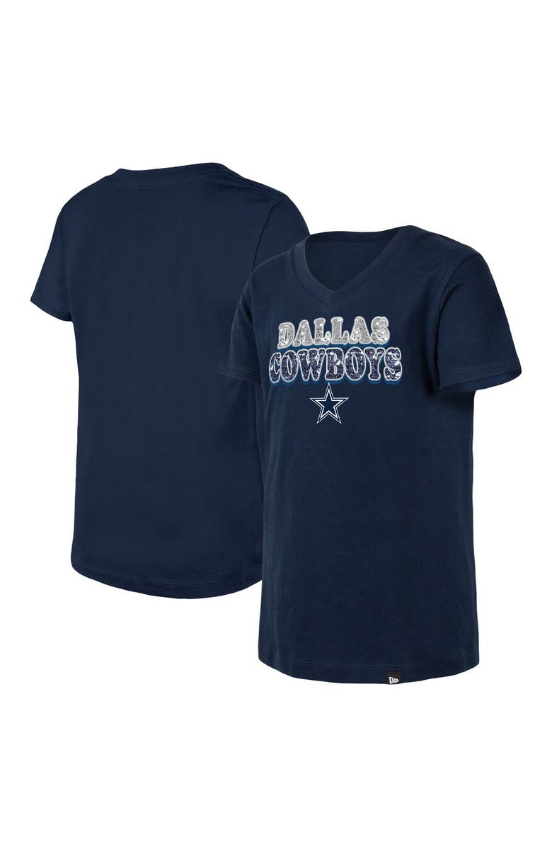 New Era Girls Youth New Era Navy Dallas Cowboys Reverse Sequin V-Neck T-Shirt, Main, color,