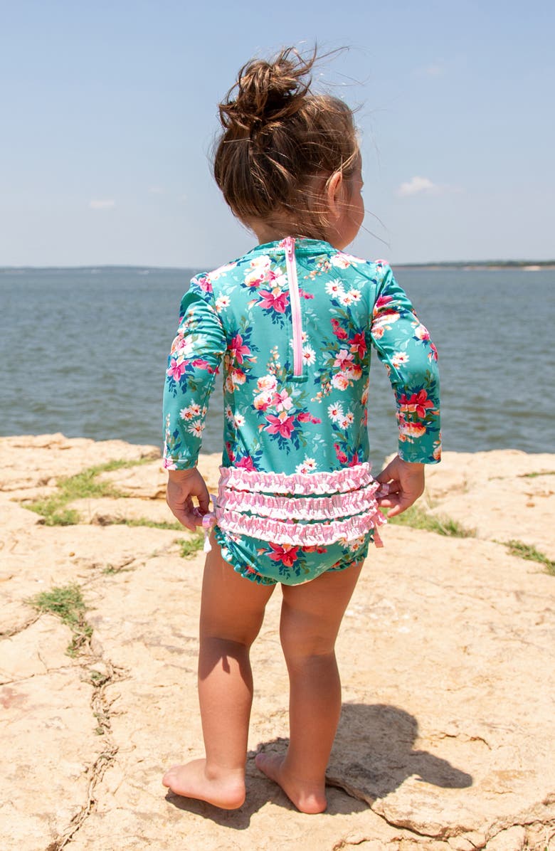 RuffleButts One-Piece Rashguard Swimsuit & Sun Hat Set, Alternate, color, 