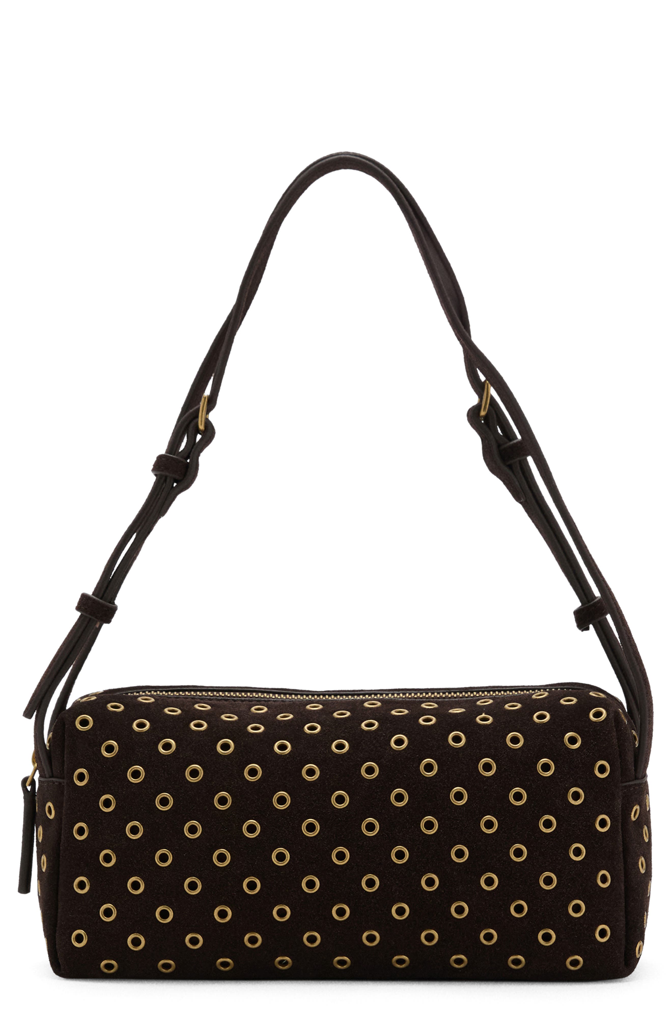 MANGO Suede Eyelet Shoulder Bag, Main, color, Chocolate