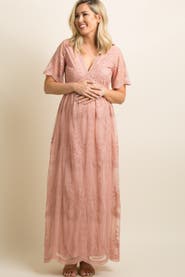 PinkBlush Lace Mesh Overlay Maternity Maxi Dress