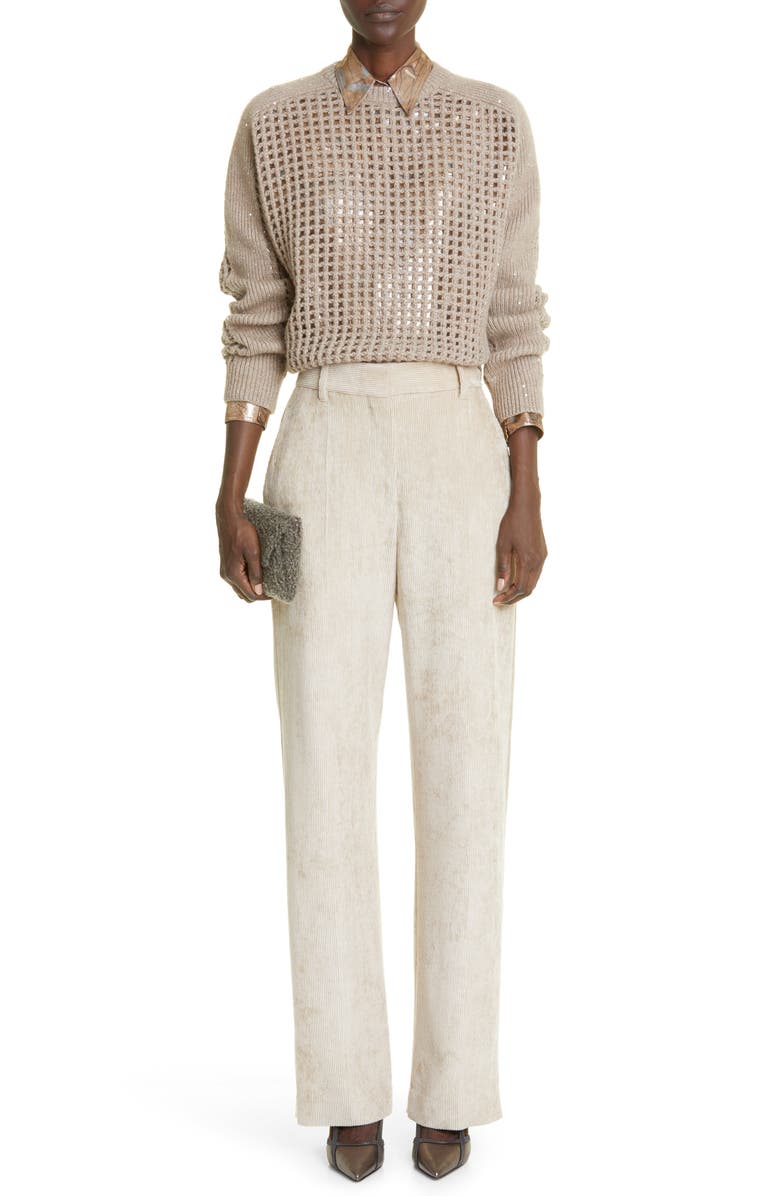 Brunello Cucinelli Metallic Leaf Print Silk Blend Button-Up Blouse, Alternate, color,