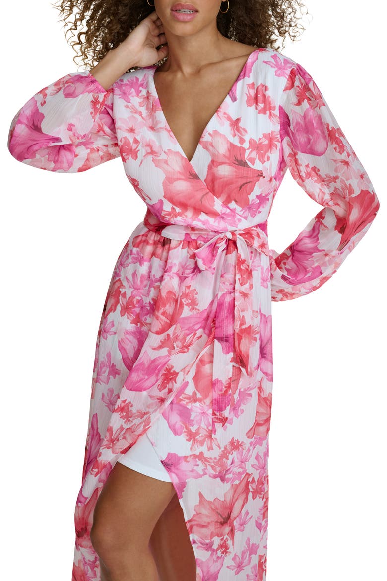 Long Sleeve Floral Faux Wrap Dress, Alternate, color, WHITE MULTI