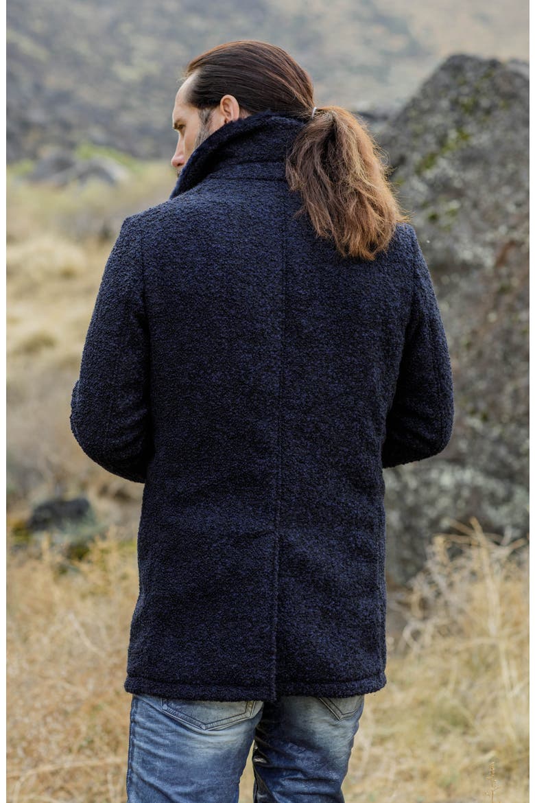 Double Breasted Wool Blend Bouclé Jacket with Shearling Trim, Alternate, color, NAVY