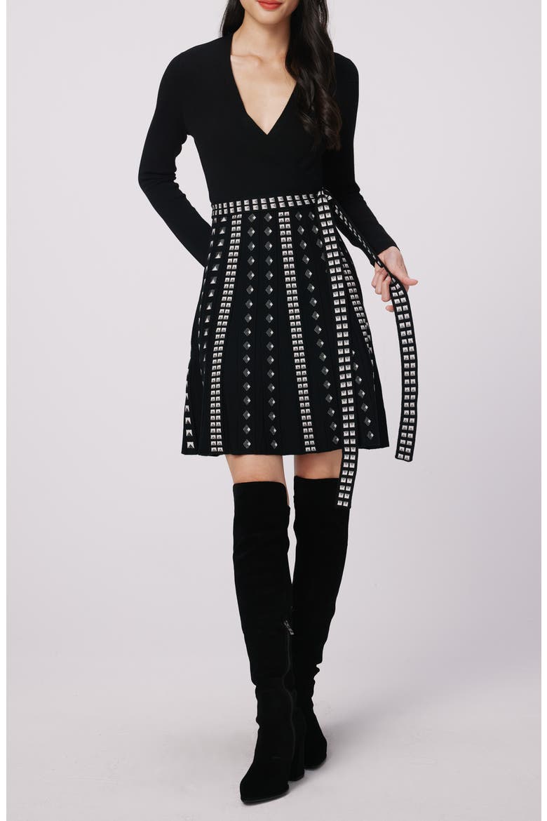 Chelsea Long Sleeve Metallic Pleat Dress, Main, color, BLACK/STUD