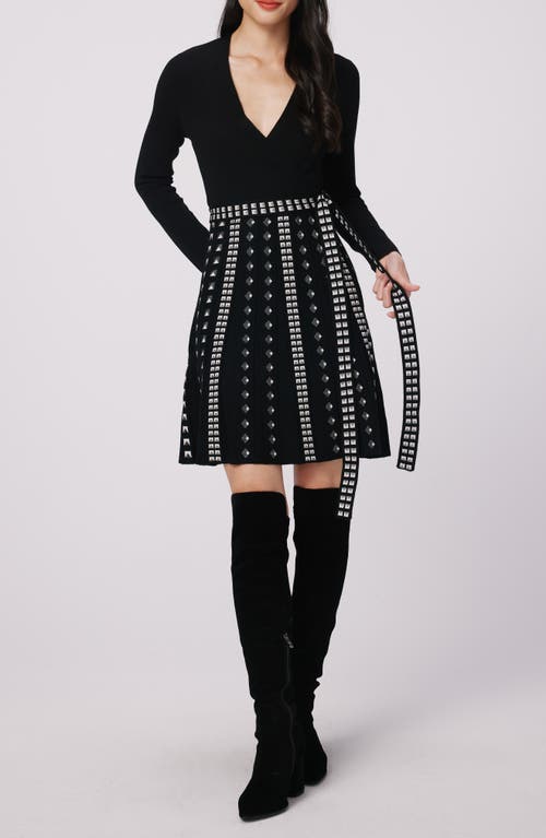 DVF Chelsea Long Sleeve Metallic Pleat Dress in Black/Stud 