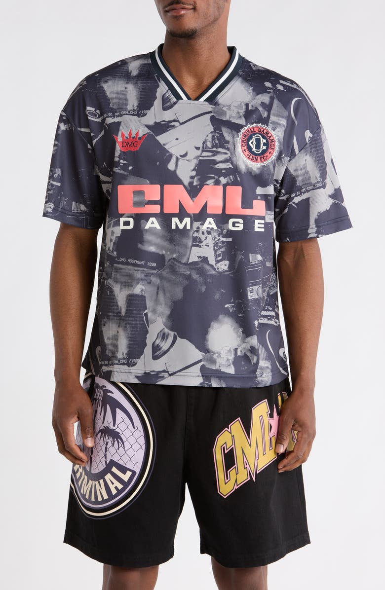 CRIMINAL DAMAGE Carnival FC Football T-Shirt, Main, color, Greyscale/ Coral