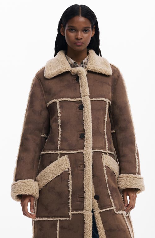 Desigual Faux Shearling Trim Longline Coat In Brown