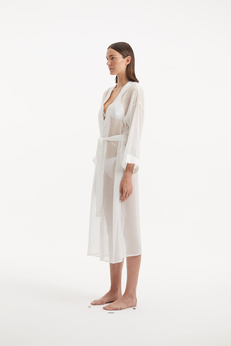 Blaze Long Sleeve Wavy-Trim Belted Sheer Kaftan, Alternate, color, White