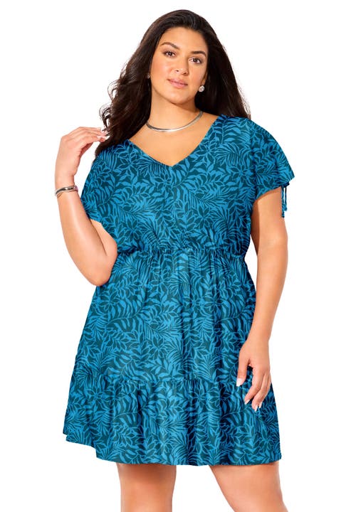 Swimsuits For All Pack & Go Wrinkle-resistant V-neck Short Sleeve Cover Up Dress In Blue