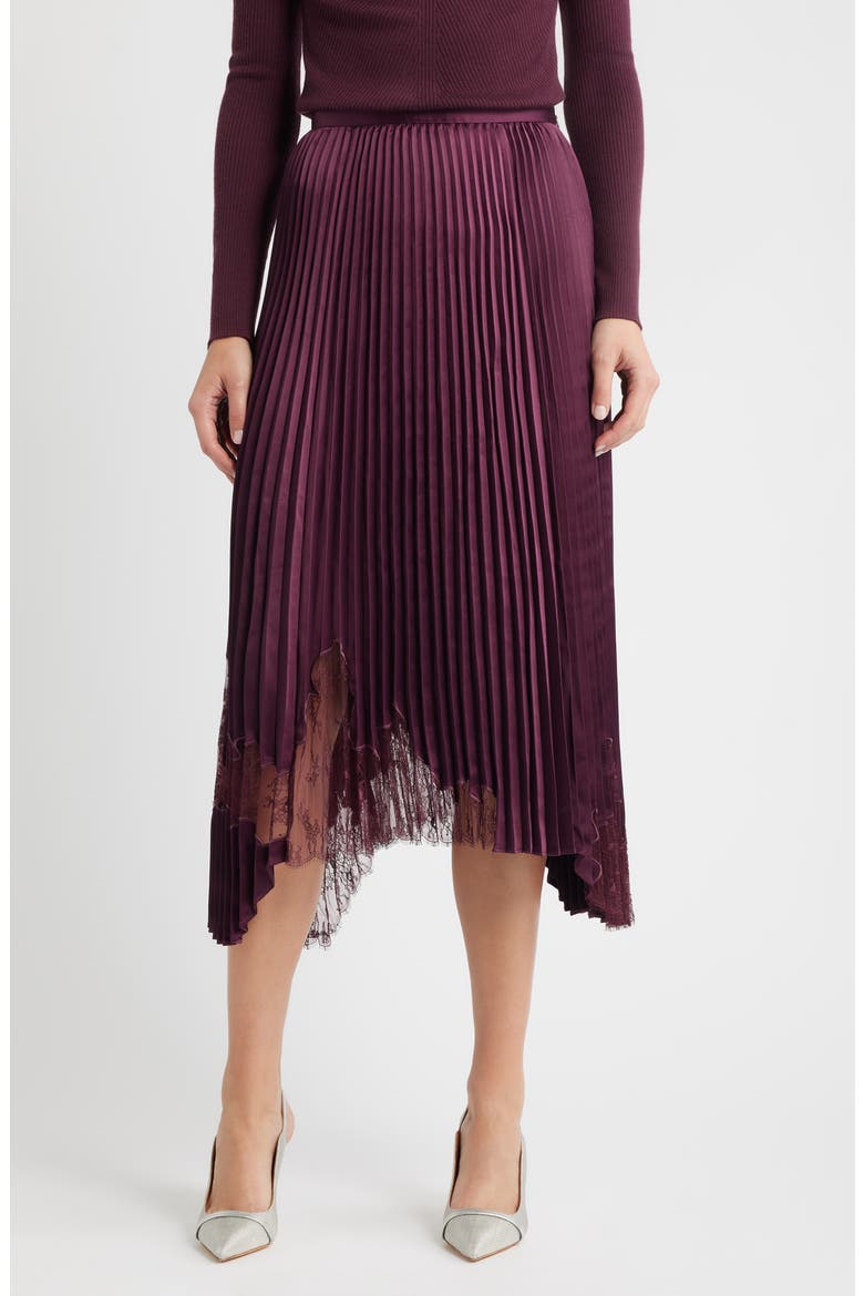 Velacey Lace Detail Pleated Asymmetric Satin Skirt, Main, color, DK PRPLE