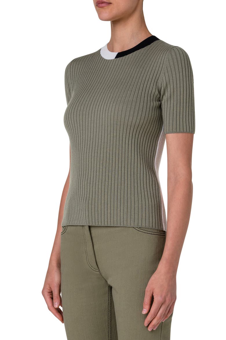 Colorblock Short Sleeve Virgin Wool Rib Sweater T-Shirt, Alternate, color, SAGE-CREAM