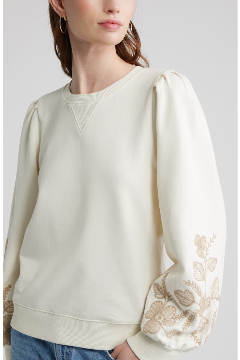Embroidered Sleeve Cotton Sweatshirt, Alternate, color, IVORY EGRET EMBROIDERY