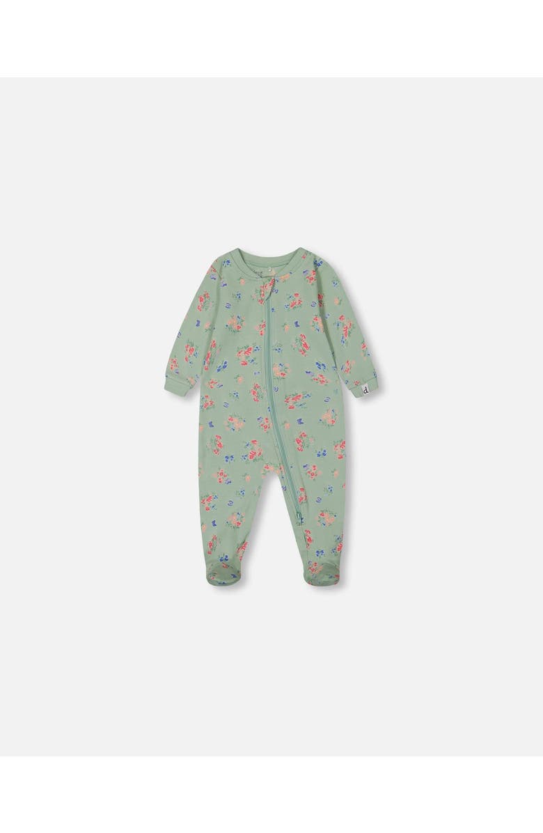 Deux par Deux Baby Girl's Printed Organic Cotton One-Piece Pajama Small Pink And Blue Flowers On Light Sage, Main, color,