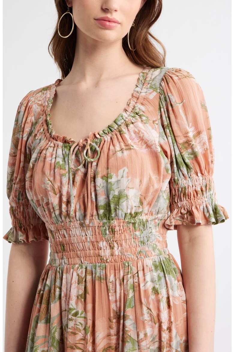 Smock Waist Ruffle Trim Tiered Maxi Dress, Alternate, color, CORAL- BLUE ROSE BLOOM