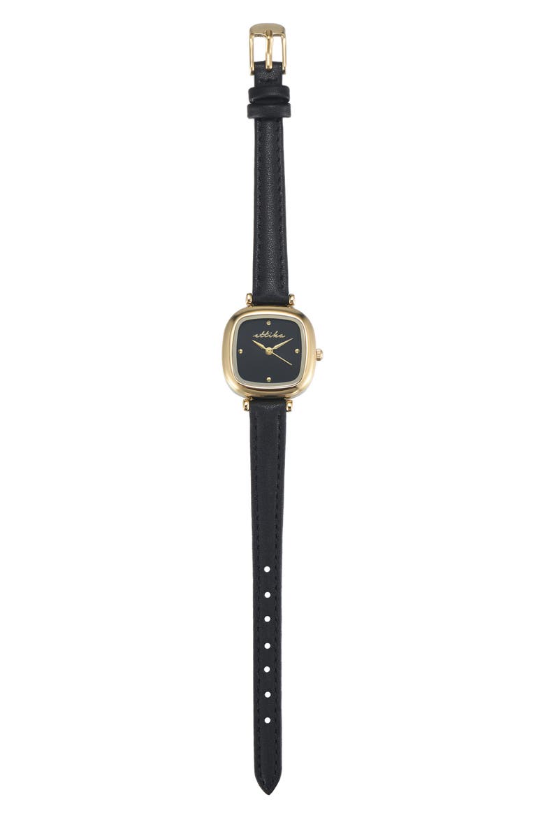 Square Case Leather Strap Watch, Alternate, color, BLACK