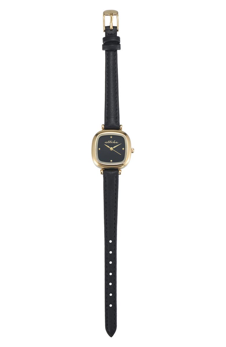 Ettika Rounded Quartz Leather Strap Watch, 26mm, Alternate, color, Black