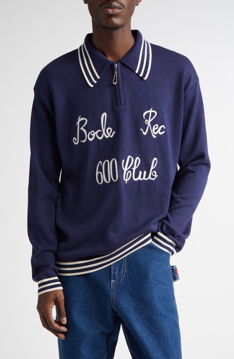 Bode Club Tipped Embroidered Polo Sweater, Main, color, Navy
