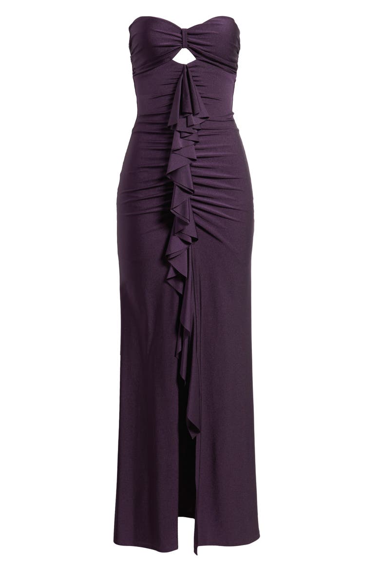 Strapless Ruffle Sateen Gown, Alternate, color, EGGPLANT