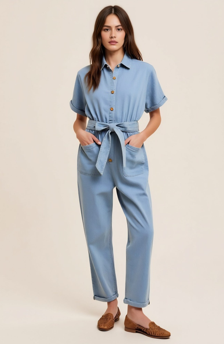 Modenaire Short Sleeve Button Front Tie Waist Rolled Cuff Denim Jumpsuit, Alternate, color, Light Blue