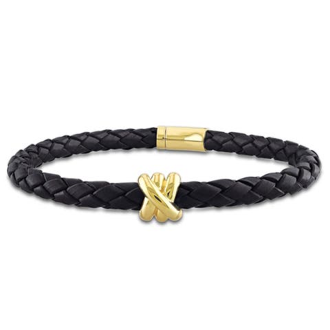 Crossover Motif Black Leather Cord Bracelet 14k