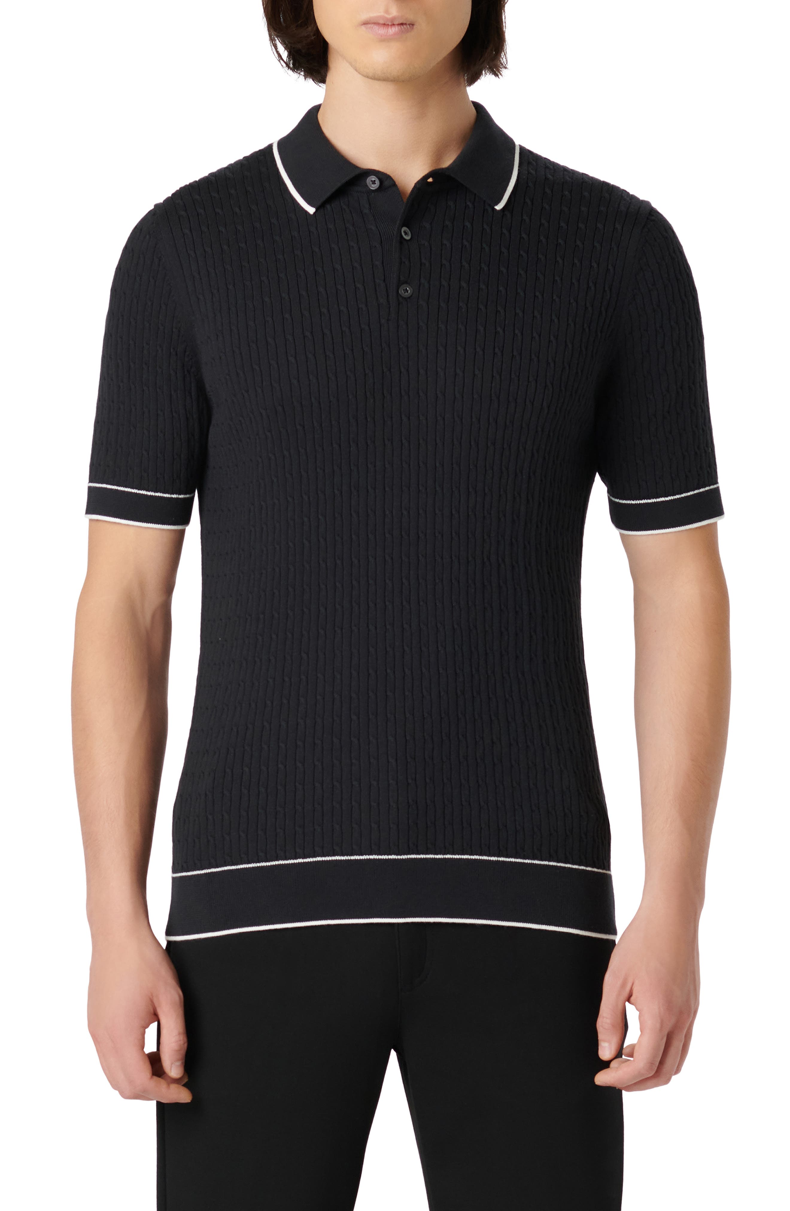 Bugatchi Tipped Rib Cable Stitch Polo Sweater