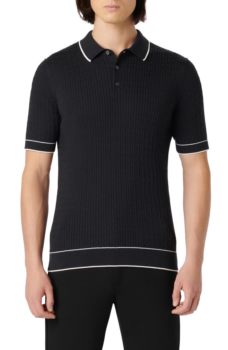 Bugatchi Tipped Rib Cable Stitch Polo Sweater, Main, color, Black