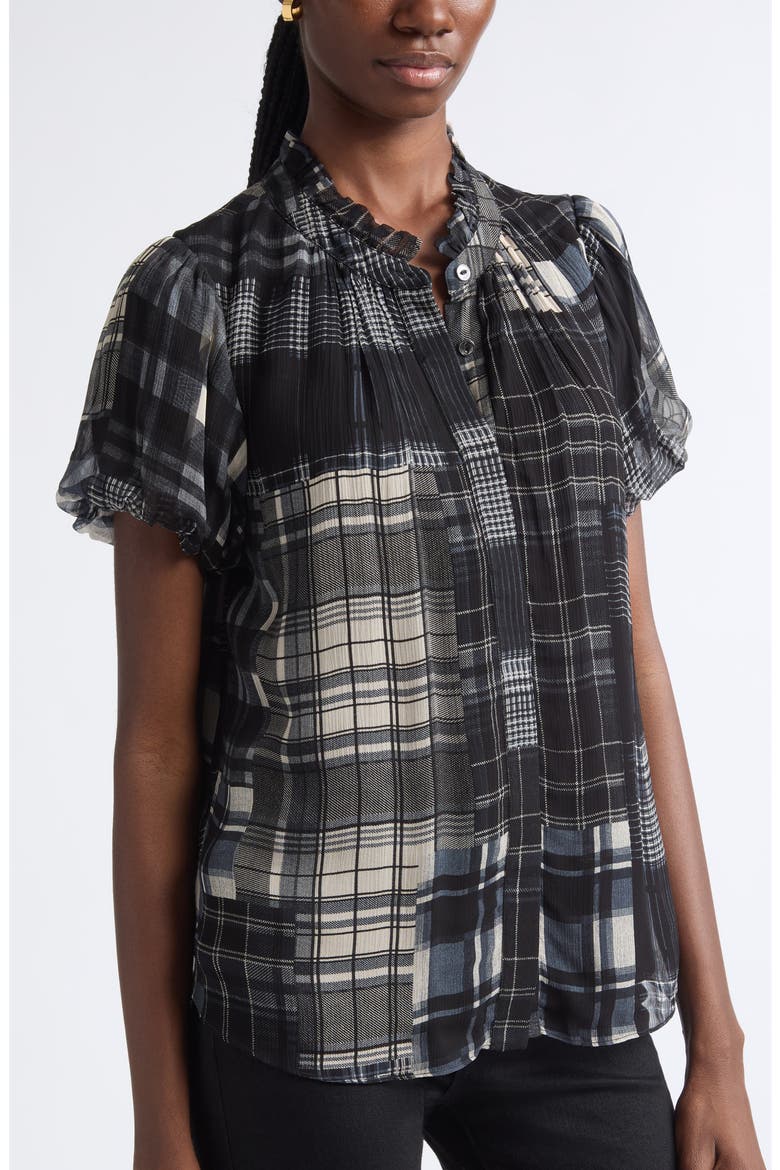 Lacey Puff Sleeve Top, Alternate, color, BLACK PLAID